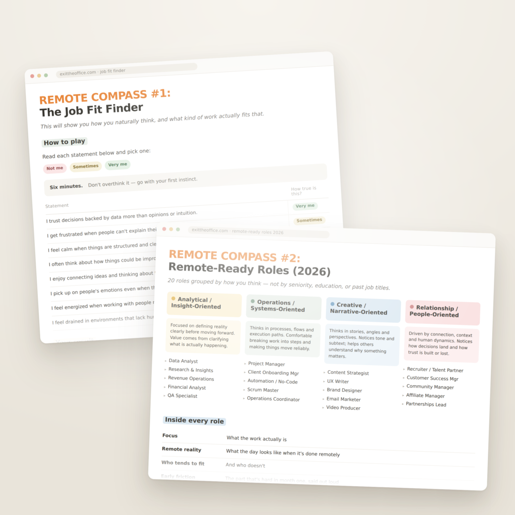 The Remote Compass: 1) Job fit finder tool, 2) Remote-ready roles based on your thinking style 